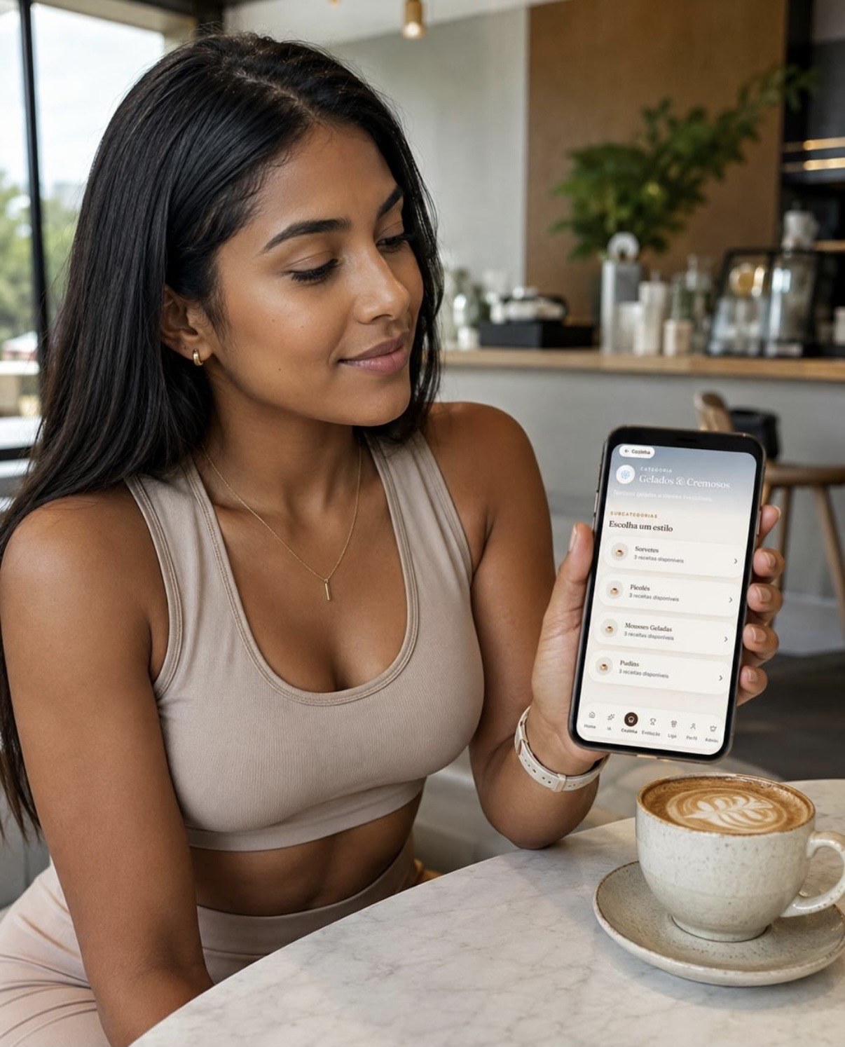 Mulher em uma cafeteria usando o aplicativo Club Anti Doce no celular