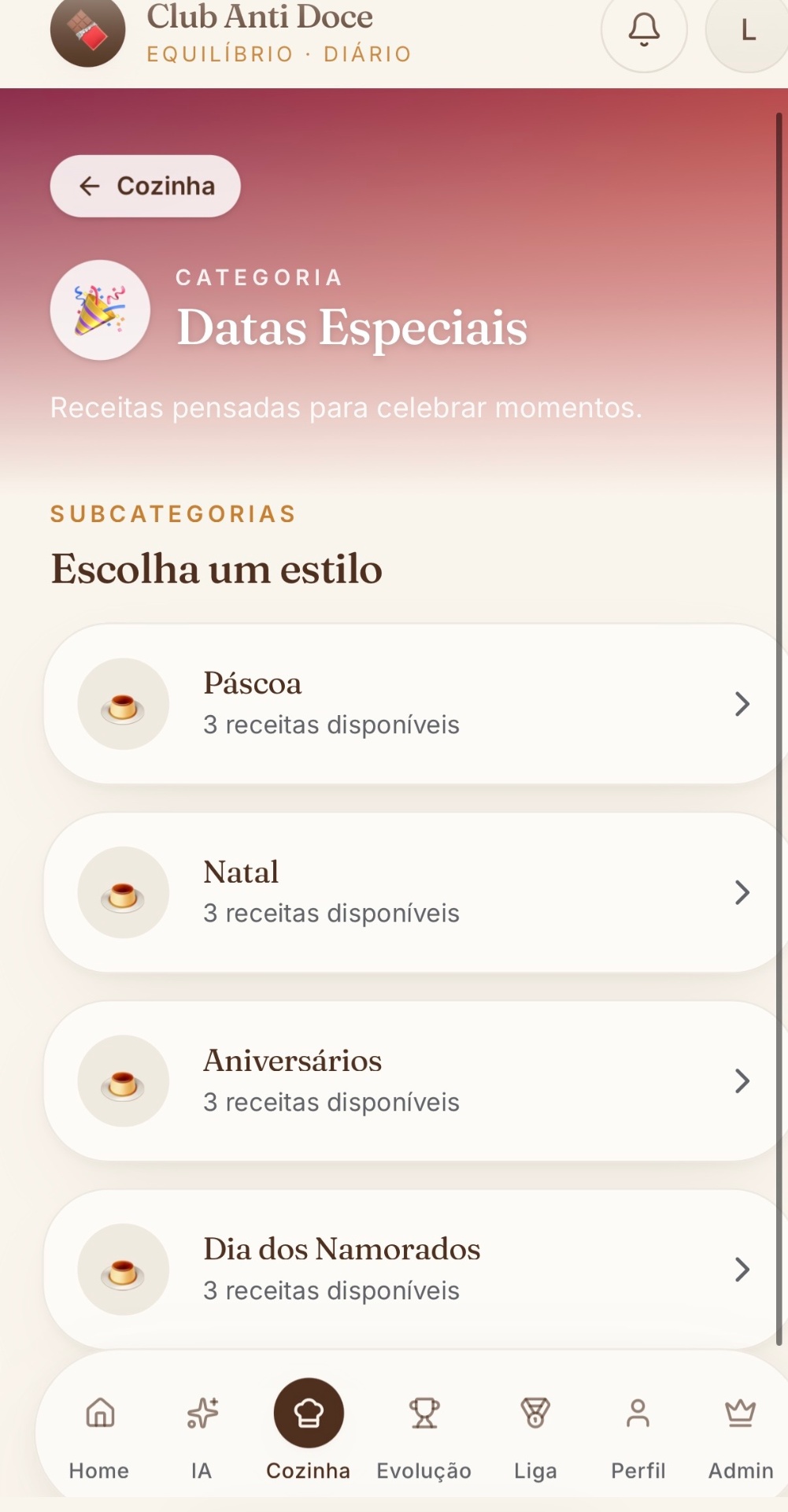 Tela Datas especiais do aplicativo Club Anti Doce