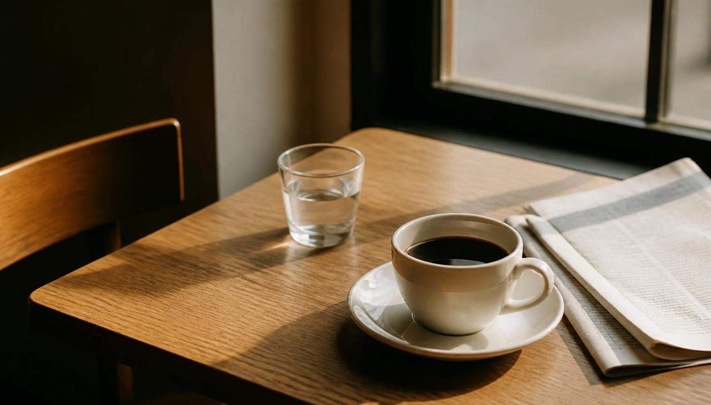 Xícara de café sobre mesa clara em ambiente acolhedor